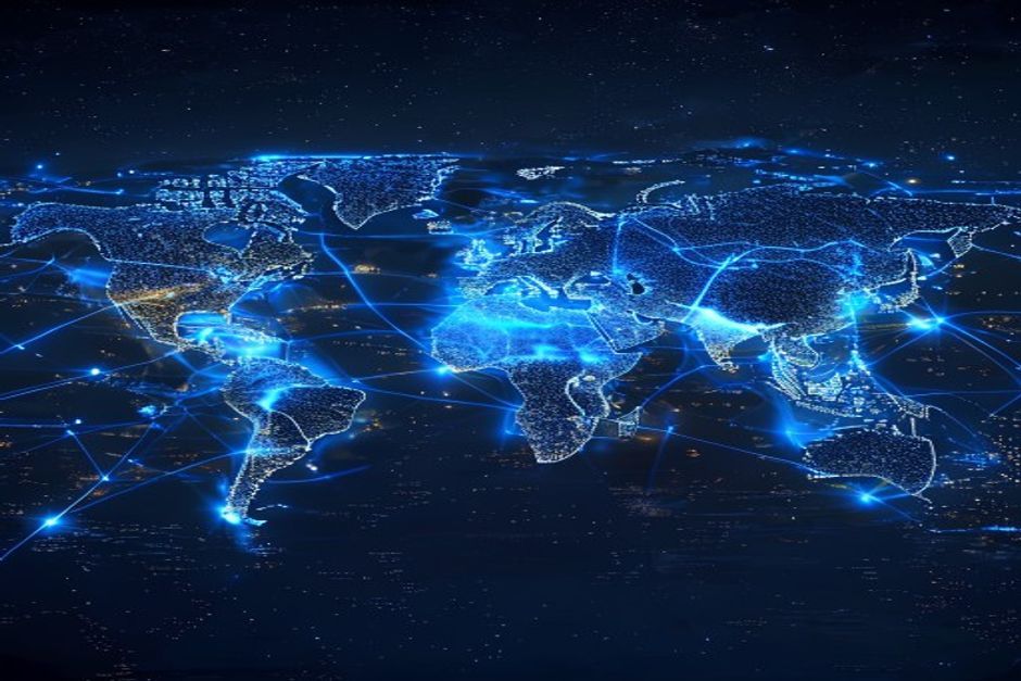 Global network map at night with glowing arcs