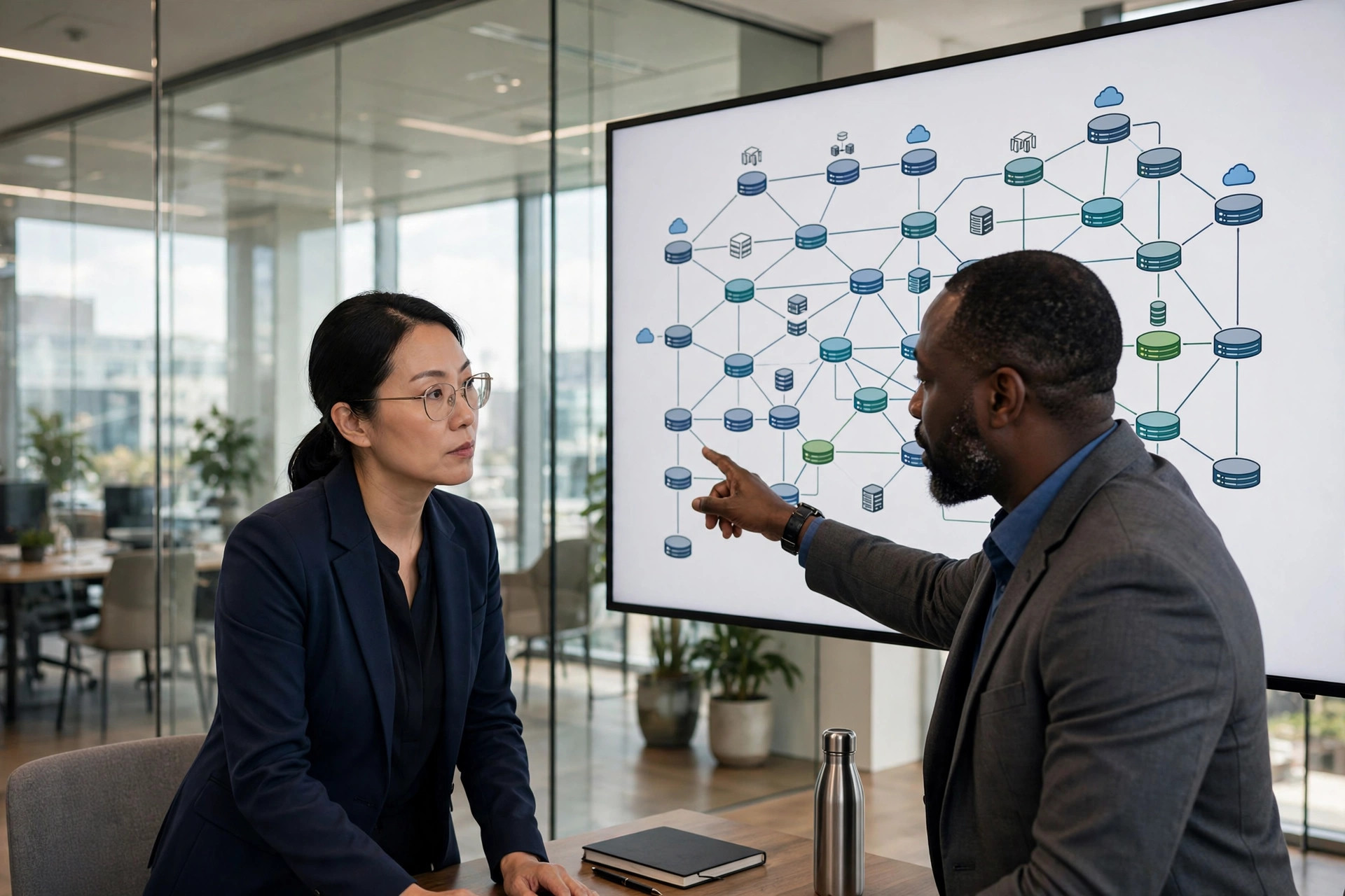 EdgeFXN engineers reviewing a network architecture diagram